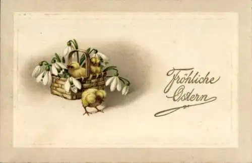 Präge Ak Glückwunsch Ostern, Schneeglocken im Korb, Küken