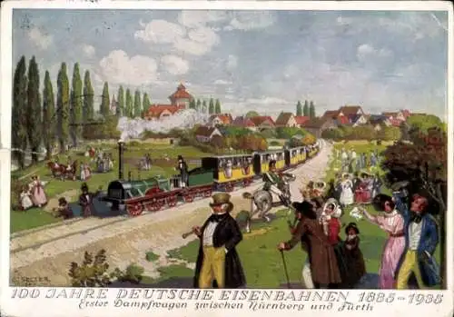 Künstler Ak Selter, 100 Jahre Deutsche Eisenbahnen 1885-1935, Erster Dampfwagen