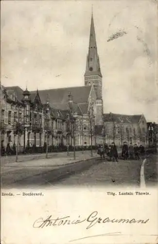 Ak Breda Nordbrabant Niederlande, Boulevard in  eine Kirche ist im Hintergrund zu sehen.