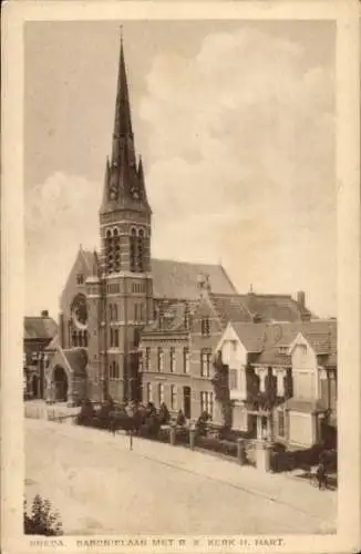 Ak Breda Nordbrabant Niederlande, Baronielaan met R. K. Kerk H. Hart