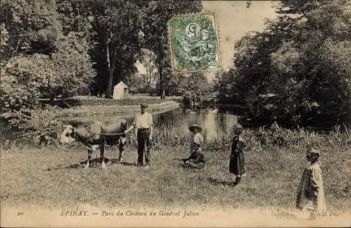 Ak Epinay sur Seine Seine Saint Denis, Vieh, Teich, Park, Menschen, Château du Général Julien