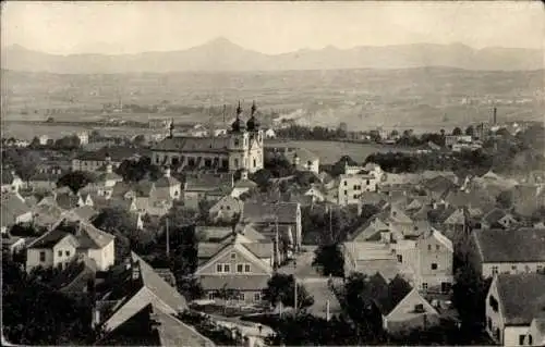 Ak Bohosudov Mariaschein Region Aussig, Vogelschau auf den Ort, Kirche