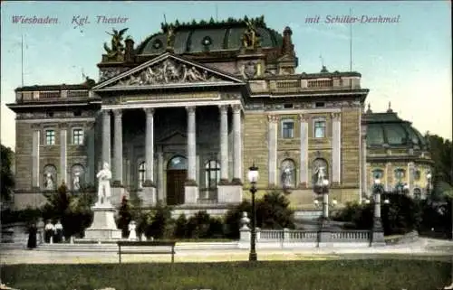 Ak Wiesbaden in Hessen,  Kgl. Theater, Schiller-Denkmal
