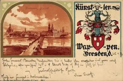 Künstler Wappen Ak Dresden Altstadt, Gesamtansicht, Kirchen
