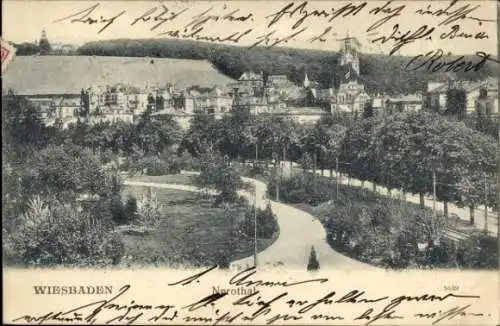 Ak Wiesbaden in Hessen, Stadtansicht, Nerothal, Parklandschaft, Bäume,  Architektur