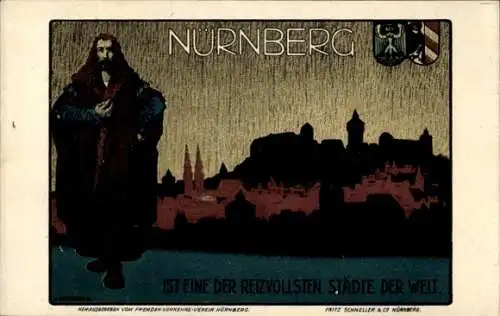 Künstler Ak Nürnberg in Mittelfranken, Silhouette der Stadt, Wappen, Albrecht Dürer