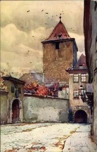 Ak Praha Prag Tschechien, Schwarzer Turm,  Architektur, herbstliche Umgebung, ruhige Straße