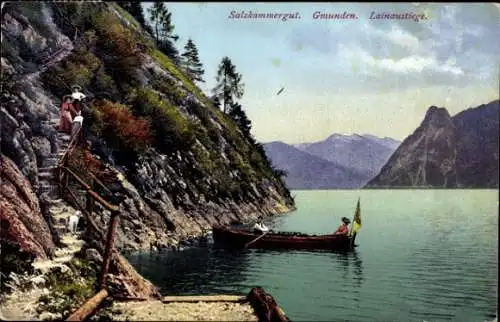 Ak Gmunden am Traunsee Salzkammergut Oberösterreich, Salzkammergut,  Lainaustiege, Boot auf dem W
