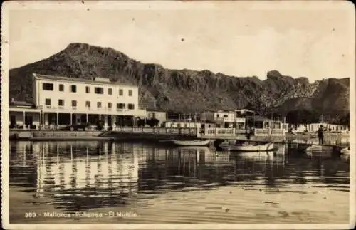 Ak Pollença Pollensa Mallorca Balearische Inseln, El Muelle, typische Hafenansicht, Berge im Hint