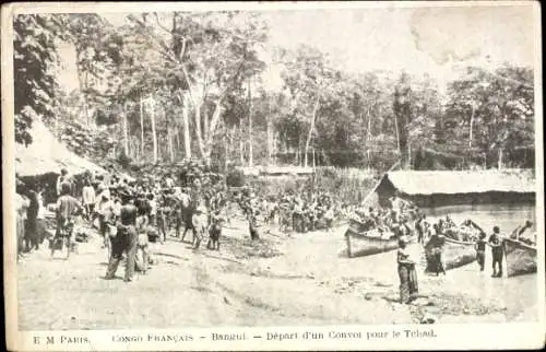 Ak Mbandaka Coquilhatville DR Kongo Zaire, Abfahrt eines Konvois, Menschen, Boote, Dschungel