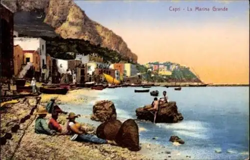 Ak Capri Neapel Campania, Strandansicht, Fischer, Boote, Klippen, bunte Häuser