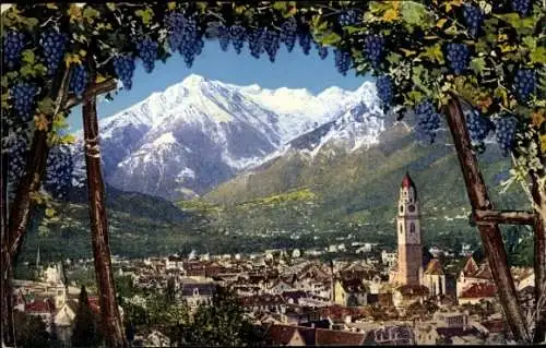 Ak Meran Merano Südtirol, Stadtansicht von  Berge im Hintergrund, Weinrebenrahmen