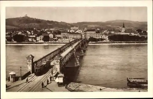 Ak Linz an der Donau Oberösterreich, Brücke mit Eisenbahn, Gebäude, Fluss, Landschaft