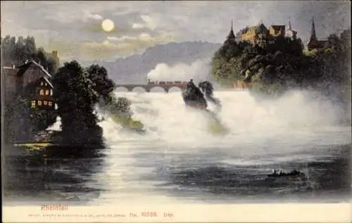 Ak Rheinfall Kanton Schaffhausen,  Nachtlandschaft, Brücke, Historische Gebäude, Zug, Mond