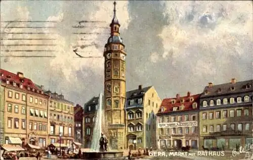 Künstler Ak Gera in Thüringen, Markt mit Rathaus