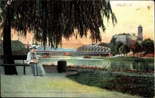 Ak Halle an der Saale, Blick von Poissolz-Spitze, Giek chanstendig Growitzer Brücke, Frau im Klei