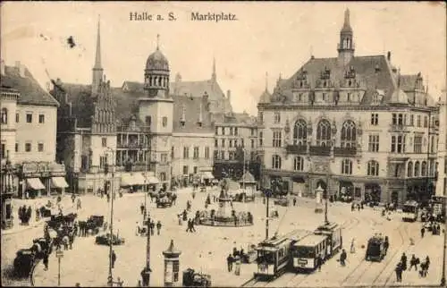 Ak Halle an der Saale, Halle a. S. Marktplatz, s Stadtbild, Pferdefuhrwerke, Menschen