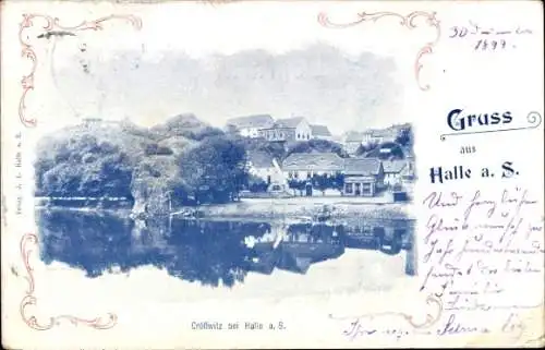 Ak Kröllwitz Halle an der Saale, Crollwitz, Flusslandschaft,  Gebäude, Grußkarte.