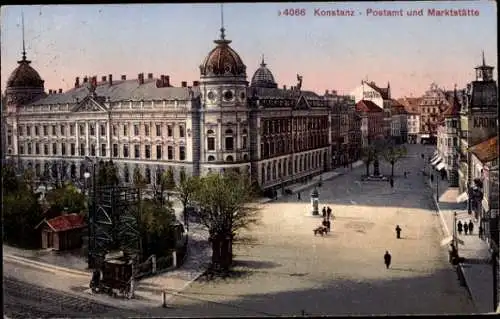 Ak Konstanz am Bodensee, Postamt, Marktstätte,  Architektur, belebter Platz