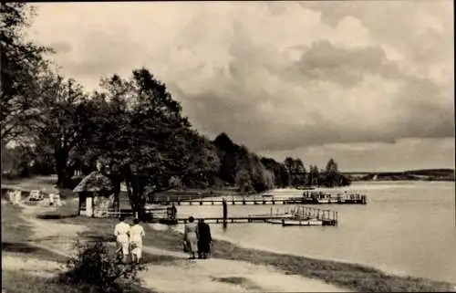 Ak Plau am See Mecklenburg, Landschaft am See, Spaziergänger, Stege, Wolken