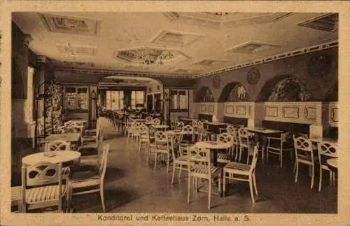 Ak Halle an der Saale, Konditorei und Kaffeehaus Zorn, Gemütliche Innenansicht, Tische und Stühle