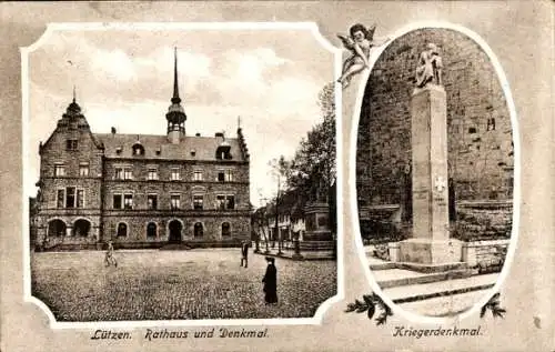 Ak Lützen im Burgenlandkreis, Rathaus und Denkmal, Kriegerdenkmal,  Architektur