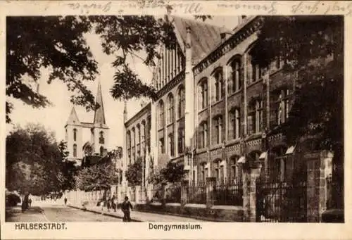 Ak Halberstadt am Harz,  Domgymnasium, alte Gebäude, Bäume, Gehweg