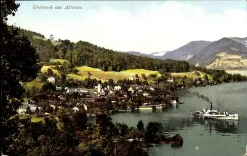 Ak Unterach am Attersee Oberösterreich, Blick auf Unterach, Attersee, Schiffe, Berge, grüne Wiese