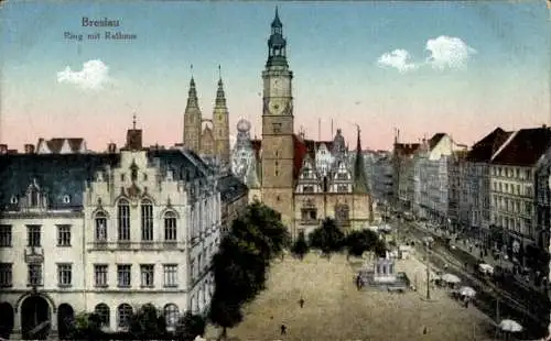 Ak Wrocław Breslau Schlesien,  Ring mit Rathaus,  Architektur