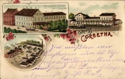 Litho Corbetha Korbetha Schkopau im Saalekreis, Bahnhof, Gasthaus Hugo Held, Fabrik