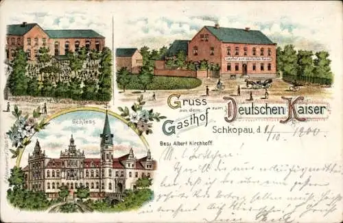 Litho Schkopau im Saalekreis, Gasthof zum Deutschen Kaiser, Inh. Albert Kirchhoff, Schloss