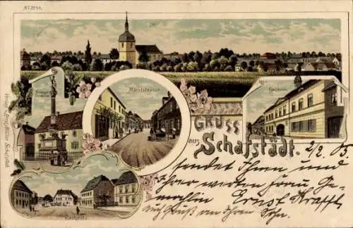 Litho Schafstädt Bad Lauchstädt Sachsen Anhalt, Marktstraße, Rathaus, Kriegerdenkmal, Kirchplatz