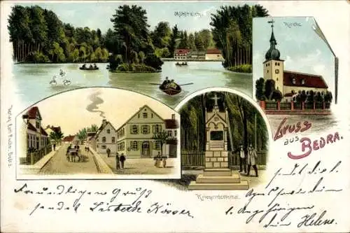 Litho Bedra Braunsbedra im Saalekreis, Kirche, Mühlteich, Kriegerdenkmal, Straßenpartie