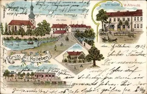 Litho Holleben Teutschenthal im Saalekreis, Kirche, alte Schule, Postagentur W. Albrecht, Bahnhof