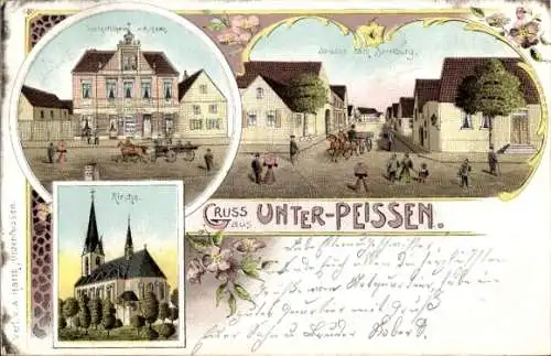 Litho Unterpeißen Peißen Bernburg an der Saale, Kirche, Geschäftshaus, Straße nach Bernburg