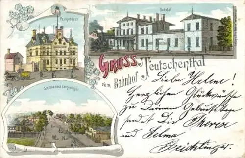 Litho Teutschenthal im Saalekreis, Bahnhof, Postgebäude, Straße nach Langenbogen