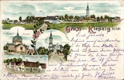 Litho Klepzig Köthen in Anhalt, Friedhofskapelle, Kirche, Colonial und Kurzwarenhandlung von C. Heim