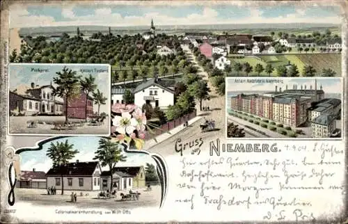 Litho Niemberg Landsberg Saalekreis, Panorama, Geschäftshaus Wilh. Otto, Postamt, Actien Malzfabrik