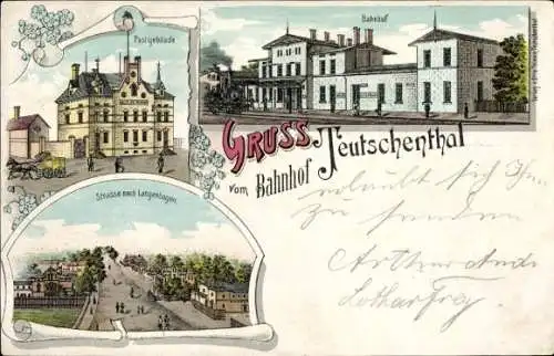 Litho Teutschenthal im Saalekreis, Bahnhof, Postgebäude, Straße nach Langenbogen