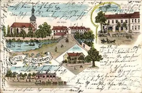 Litho Holleben Teutschenthal im Saalekreis, Kirche, Alte Schule, Bahnhof, Postagentur W. Albrecht