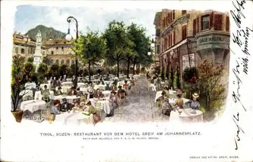 Künstler Ak Reisch, Bozen Bolzano Südtirol, Hotel Greif, Restaurant, Johannesplatz