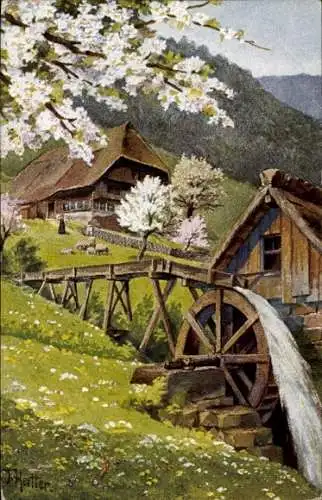 Künstler Ak Hertler, J., Schwarzwald, Fachwerkhaus, Wassermühle, blühende Bäume