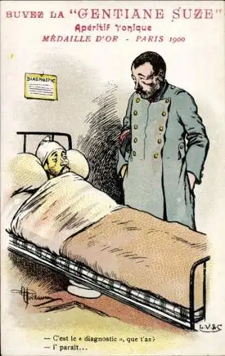 Künstler Ak Werbung Gentiane Suze, Patient im Bett, Diagnose Trinken