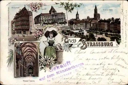 Litho Straßburg Elsass Bas Rhin, Kleberplatz, Altes Haus, Frau in Tracht