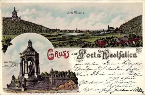 Litho Porta Westfalica, Denkmal Kaiser Wilhelm I., Wittekindsberg, Panorama