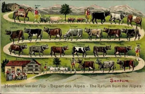 Präge Litho Heimkehr von der Alp, Sentum, Kühe, Bauernhaus, Ziegen, Pferd