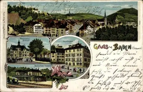Litho Baden Kanton Aargau Schweiz, Restauration, Bahnhof Gleisseite, Totalansicht