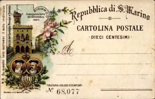 Litho San Marino, Palazzo del Consiglio Principe e Sovrano, Inaugurazione 1894