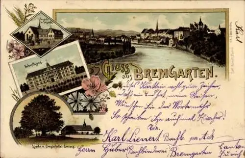 Litho Bremgarten Kanton Aargau, Panorama, Schulhaus, Linde, Einsiedelei