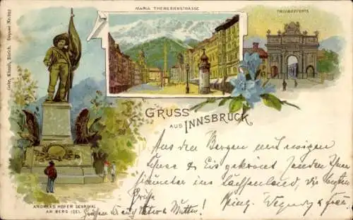 Litho Innsbruck in Tirol, Maria Theresienstraße, Triumphpforte, Andreas-Hofer-Denkmal